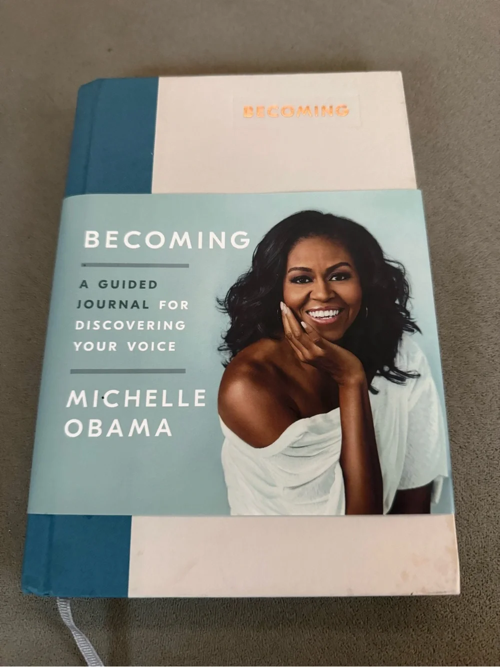 Becoming: A Guided Journal by Michelle Obama - Teal & White Cover